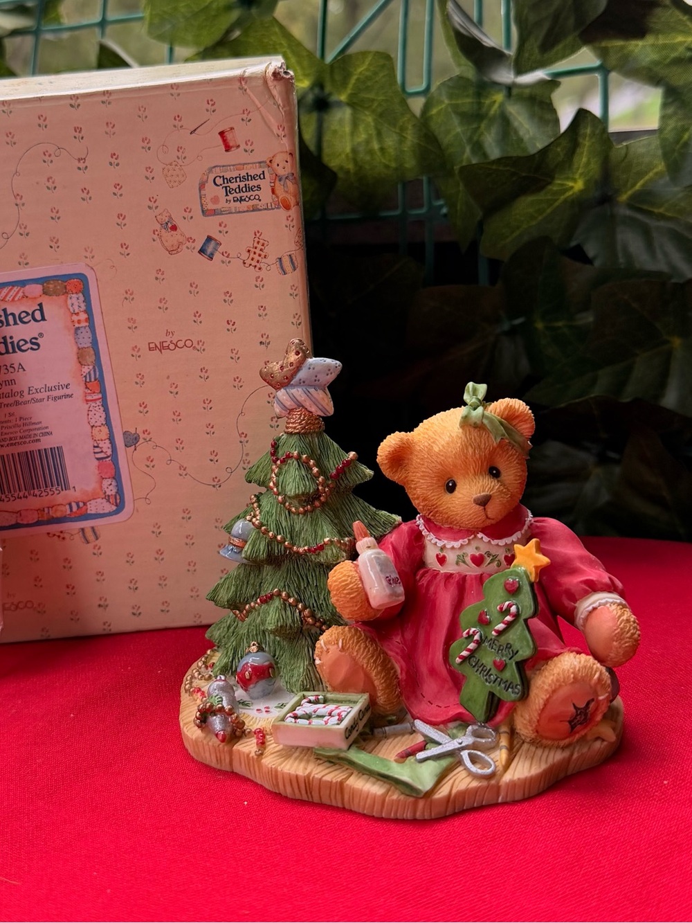 Cherished Teddies Bear Figurine in Red Dress with Green Tree